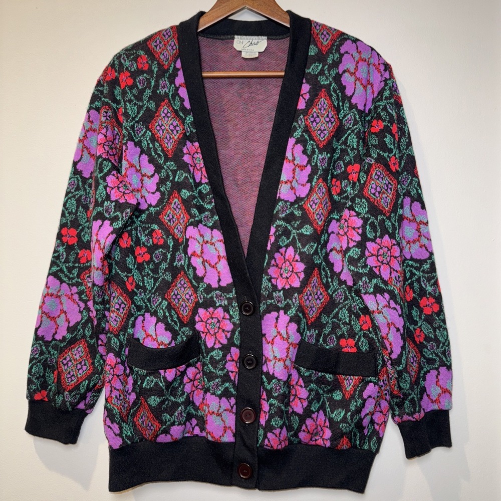 Vtg 1980's OHI Sz S Vibrant Floral Cardigan Sweater Button Granny‎ Pink Black